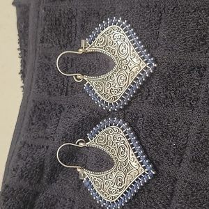 Silver Heart Earrings with Navy Thread